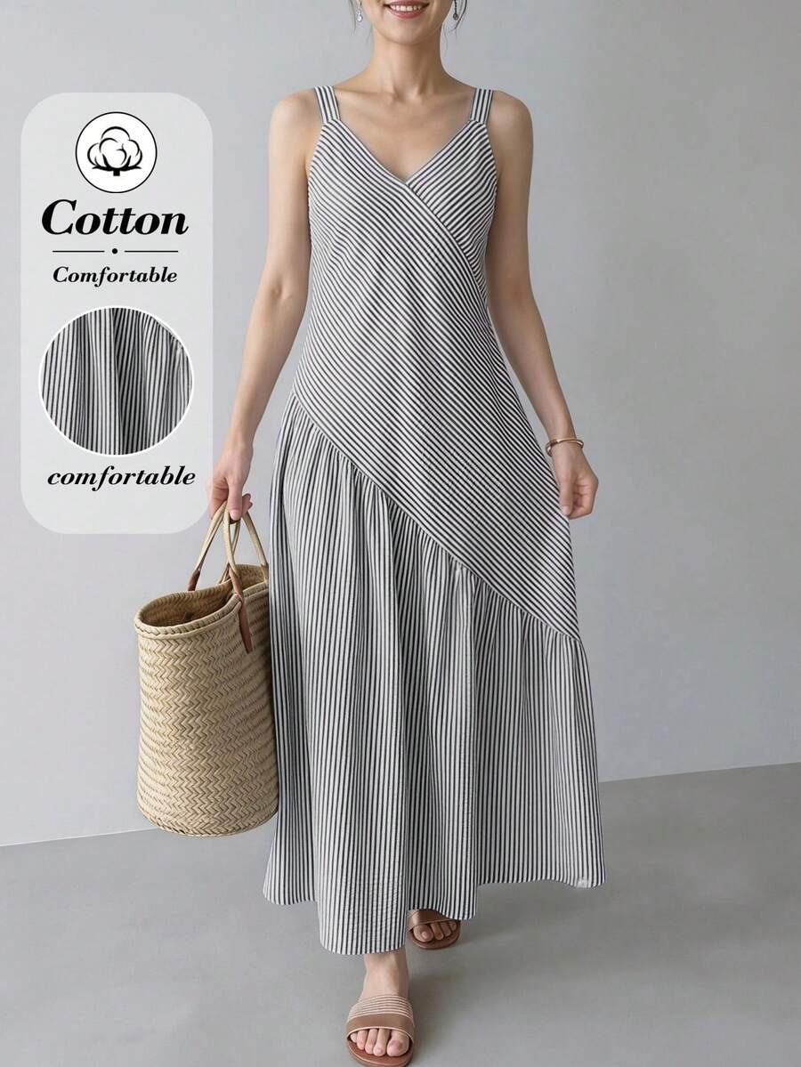 EMERY ROSE Vestido elegante de tirantes finos con volantes en el bajo y rayas para mujer - Blanco y Negro - Ver 1