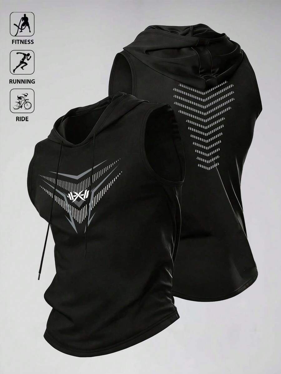 Acti Log Camiseta de tirantes deportiva con capucha y cordón ajustable plisada para hombre - Negro - Ver 1