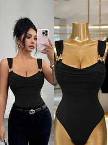 Selianne Women's Summer Beach Vacation Casual Daily Commute Minimalist Versatile Solid Color Metal Decor Ruched Bust Cami Bodysuit - Black - View 3