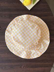 SHEIN Playful Pals 2pc Tots Baby Kid Girl Cute Chic Yellow Check Duck Bow Strap Soft Thin A-Line Dress Hat Set Sun Beach Party Cool Spring New Fun Fit Us Joy Age Cut Buy - Yellow - View 6