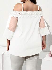Flouryn Plus Size Women's Contrast Lace Off-Shoulder Mesh 3/4 Sleeve Elegant Blouse Party Vacation All White Summer - White - View 2