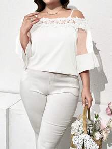 Flouryn Plus Size Women's Contrast Lace Off-Shoulder Mesh 3/4 Sleeve Elegant Blouse Party Vacation All White Summer - White - View 3