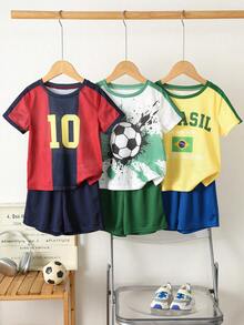SHEIN Conjunto deportivo de 6 piezas multicolor con patchwork para niños, adecuado para clase de educación física escolar, correr al aire libre, ropa deportiva - Multicolor - Ver 7