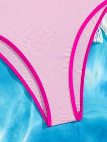 Swim Mod Spring/Summer New European & American Style One-Piece Sexy Three-Point High-Cut Triangle Bikini Set, Solid Light Pink Textured Fabric With Contrast Fuchsia Trim, Small Chest Push-Up Double Shoulder Straps, Sweet Fresh Slimming Swimsuit For Women & Girls, Hot Spring Beach Vacation Birthday Party - Pink - View 7