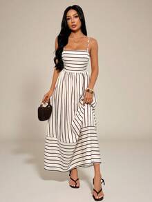 SHEIN PETITE Đầm hai dây kẻ sọc kiểu dáng thường ngày dành cho nữ, đầm hè cho nữ - Màu be - Xem 5