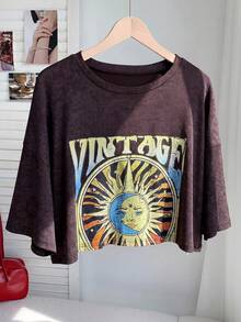 Comfortcana Camiseta suelta de talla grande con estampado de sol, primavera/verano - Marrón Chocolate - Ver 1