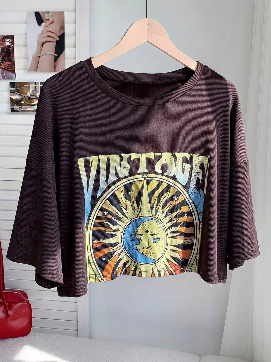 Comfortcana Camiseta suelta de talla grande con estampado de sol, primavera/verano - Marrón Chocolate - Ver 1