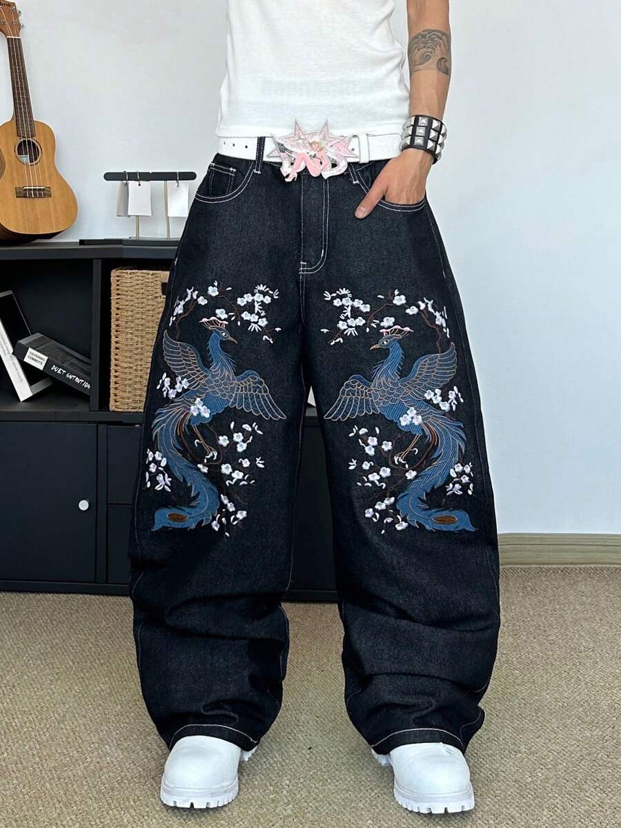 STEELVANCE Streetwear Retro Fashion Versatile Distressed Embroidered Design Loose Straight Wide Leg Casual Denim Jeans (Belt And Accessories Not Included) - Black - View 1