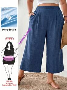SHEIN CURVE+ Quần ống rộng màu hồng dành cho nữ cỡ lớn, thời trang xuân hè, dáng rộng thoải mái, mát mẻ, cơ bản, đa năng, chất liệu vải mềm mại, cạp chun, kiểu dáng đơn giản, thích hợp mặc hàng ngày, kiểu Capri, trang phục đi nghỉ mát cho nữ/2026/Năm mới - Màu xanh lam - Xem 1