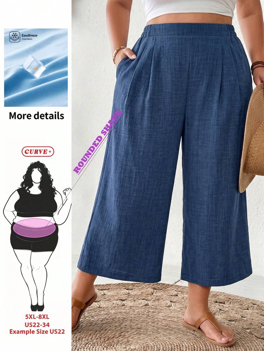 SHEIN CURVE+ Quần ống rộng màu hồng dành cho nữ cỡ lớn, thời trang xuân hè, dáng rộng thoải mái, mát mẻ, cơ bản, đa năng, chất liệu vải mềm mại, cạp chun, kiểu dáng đơn giản, thích hợp mặc hàng ngày, kiểu Capri, trang phục đi nghỉ mát cho nữ/2026/Năm mới - Màu xanh lam - Xem 1