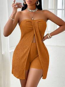 SOLERSUN Conjunto de Top sin Tirantes y Pantalones Cortos de unicolor con Frente Torcido y Abertura en Verde, Diseño de Tela Texturizada, Adecuado para Ocio en el Hogar, Vacaciones en la , Viajes a la Playa - Naranja Coral - Ver 6