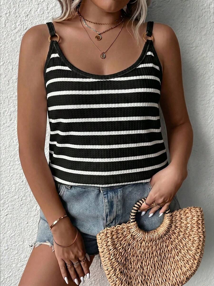 Comfylo Plus Size Women's Striped Ring Connector Casual Camisole - Black - View 1
