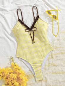 Swim Mod Maillot de bain une pièce pour femme, style vacances plage décontracté, patchwork rétro imprimé marron, col en V + bordure à volants, bretelles spaghetti, dos ouvert, design à nouer devant, idéal pour le sport & la plage, les vacances de printemps & la saison estivale. Maillot de bain 2026. Maillot de bain style français. Maillot de bain été européen. Tenue d'été - Multicolore - Voir 3