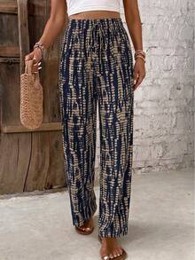SHEIN Frenchy Women's Navy Blue Waist Tie Loose Casual Boho Long Pants For Vacation Beach Autumn - Navy Blue - View 4