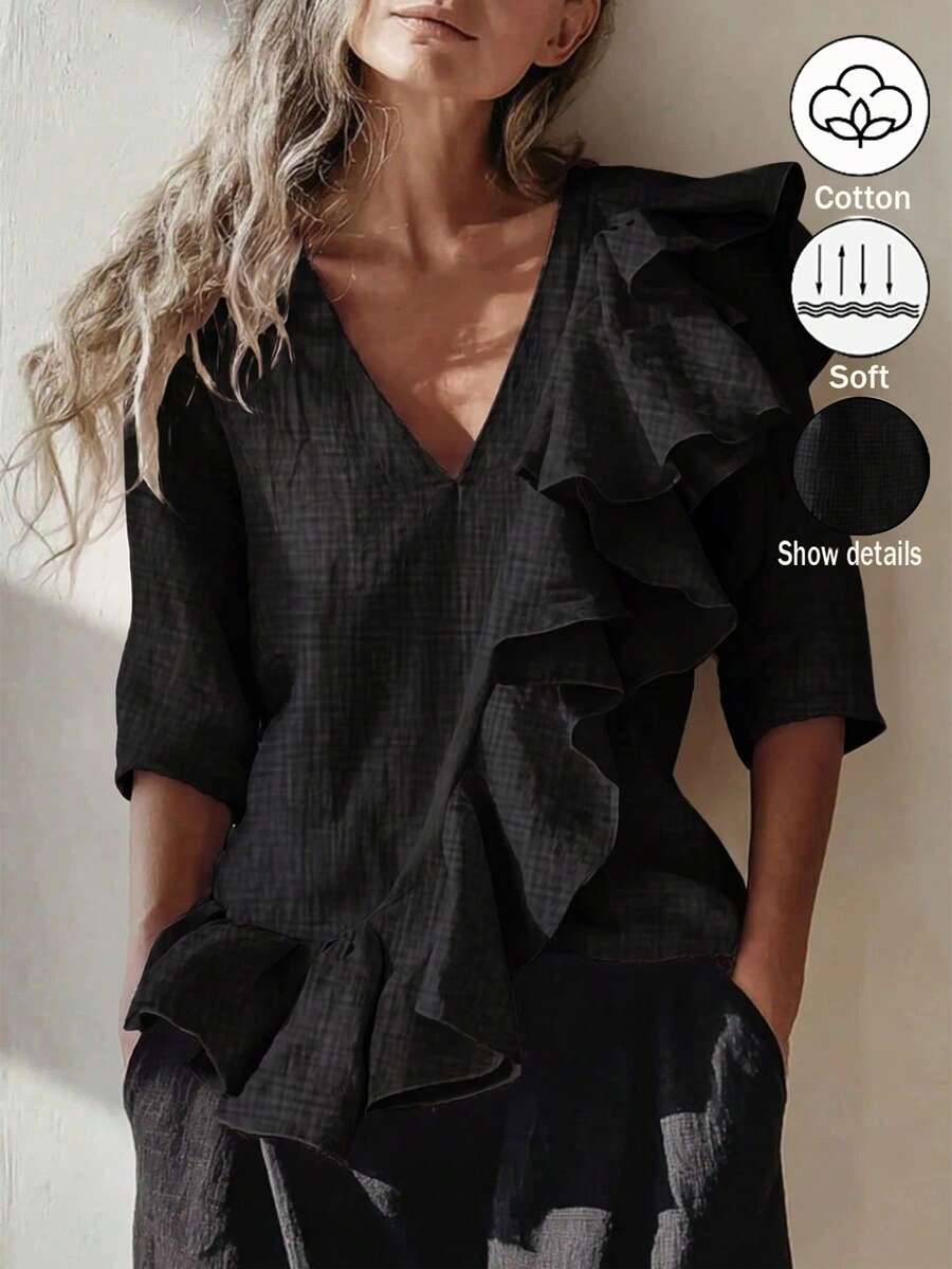 Zayélia 女款編織優雅日常度假風夏季時尚襯衫 - 黑色 - 查看 1
