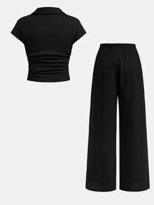 SHEIN Tween Girl New Autumn Back To School Season 2pcs Set Solid Black Textured Knit Side Ruched Lapel Fitted Short Sleeve T-Shirt Wide Leg Long Pants 2 Pieces Outfit - Black - View 3