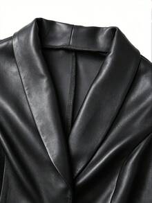 SHEIN Clasi Plus Size Women's PU Leather Casual Jacket With Buttons, Ruched Cuffs, Suitable For Commuting - Black - View 7