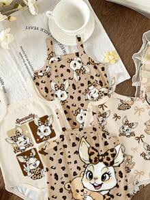 1pc Baby Girls Cute Vintage Cartoon Leopard Print Rabbit Bear Bow Pattern Print Soft Suspender Romper Suitable For Casual And Outdoor Wear, - Multicolor - View 3