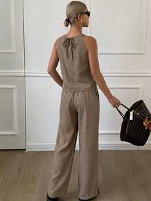 DAZY Women's Summer Striped Spaghetti Strap Top And Pants Casual 2 Pieces Set - Coffee Brown - View 2