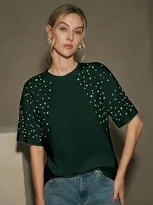Anewsta 白色圓領純棉短袖水鑽女款休閒上衣 - 軍綠色 - 查看 6