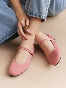 Rosivie Women's Retro Elegant Commuting Casual Contrast Trim Adjustable Buckle Flat Shoes - Pink. - View 3