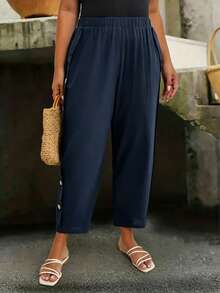 Linhara CURVE Plus Size Casual Fashion Linen Style Side Seam Coconut Button Decor Long Pants Fall - Navy Blue - View 6