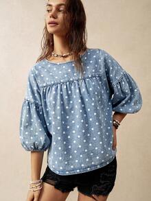 Bohemela Women's French Fashion Polka Dot Print Denim Shirt - Blue - View 4