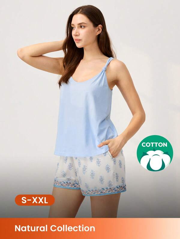 LUVLETTE Natural Cozy Summer Light Light Blue Camisole Top & Printed Shorts Fresh Pajama Set Cool Summer Home Wear Lounge Set