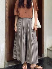 DAZY Women's Striped Pocket Casual Loose Vacation Pants Vacation Beige Autumn - Black - View 2