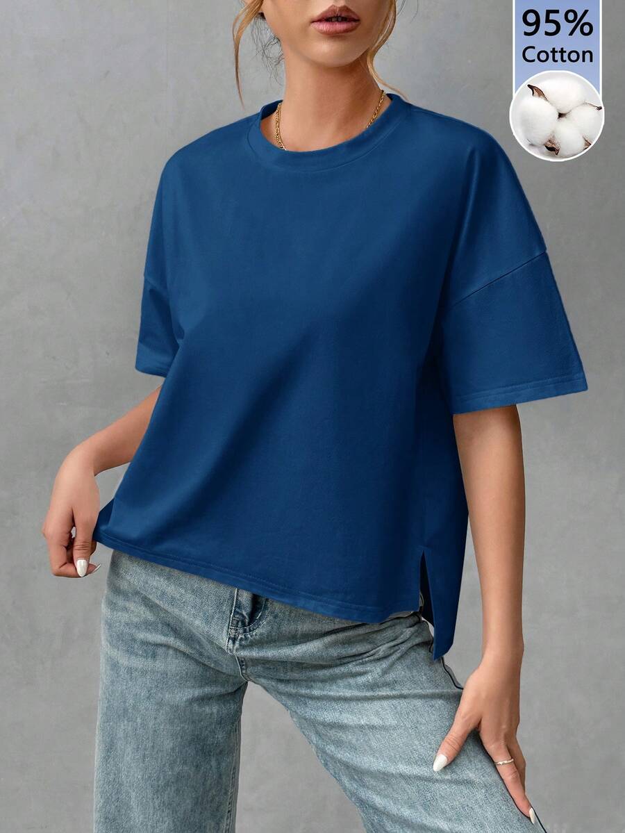 SHEIN Essnce 純棉舒適女款極簡基本款前短後長T恤,時尚百搭,適合外出、穿搭、旅行與度假 - 藍色 - 查看 1