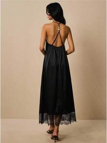 Poéselle Women's Loose Lace Hem Backless Halter Dress,Black Dress ,Lace-Trimmed Long Dress,Holiday Outfits Women,Summer Dress Holiday Vacation Elegant - Black - View 2