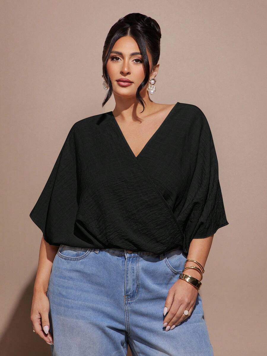 SHEIN BAE 大尺碼女款杏色重疊不對稱中長袖休閒寬鬆襯衫 - 黑色 - 查看 1