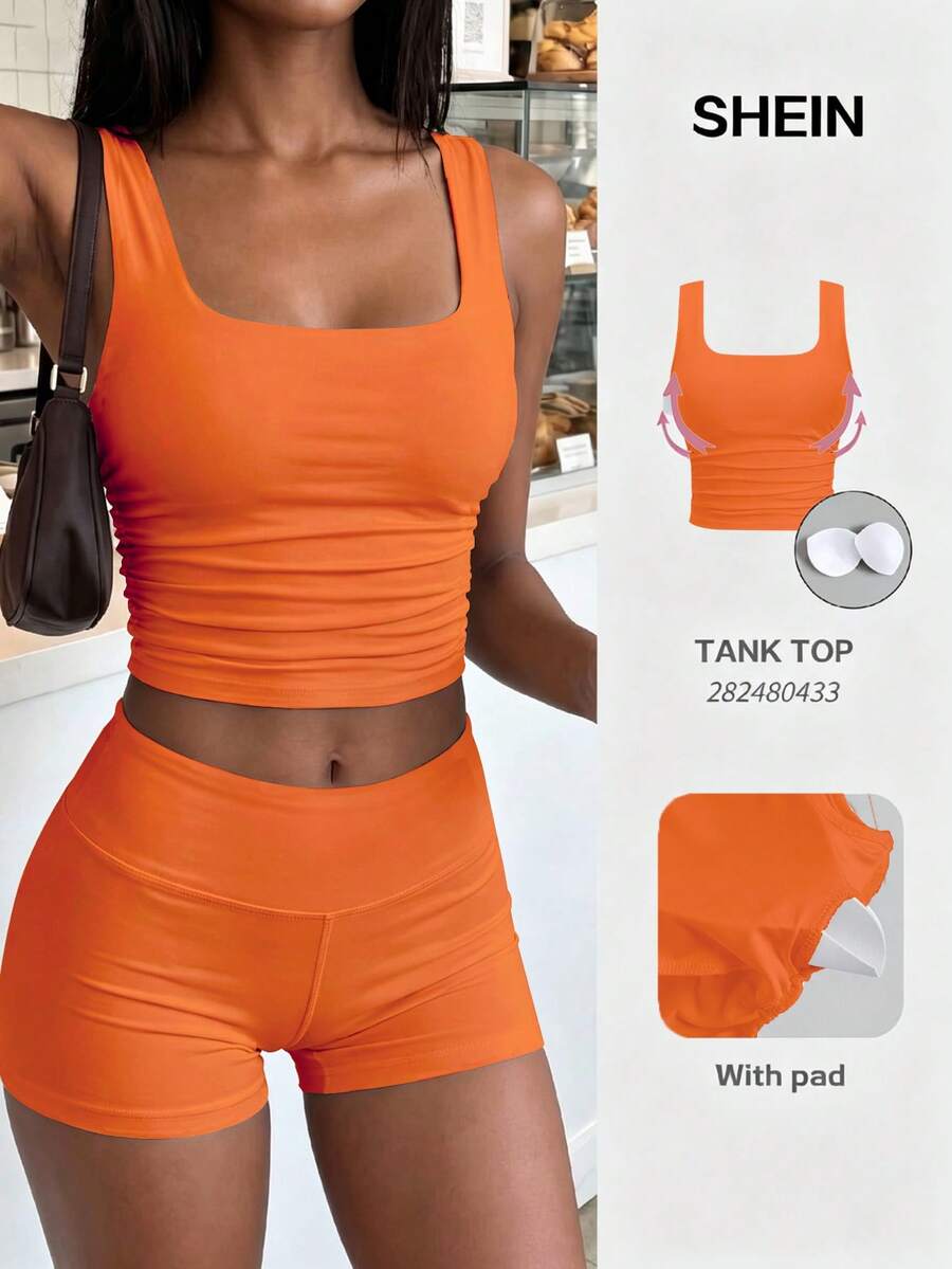 SHEIN Unity Top ajustado casual de cuello cuadrado con pliegues de unicolor, para el verano - Naranja - Ver 1