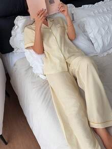 SHEIN Classic Striped Collar Short Sleeve Long Pants Pajama Set - Yellow - View 7