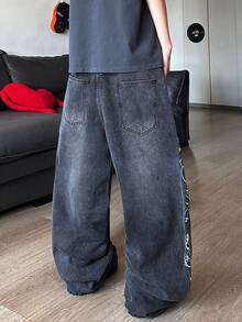 STEELVANCE Streetwear Retro Fashion Versatile Embroidered Design Loose Straight Wide Leg Casual Denim Jeans - Black - View 2