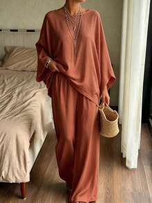 DAZY Set 2 Potong Kemeja Blus Longgar Wanita Musim Semi/Panas Warna Putih - Jeruk - View 3