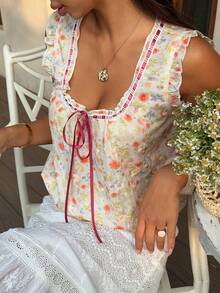 Livesso 女款度假休閒飄逸花卉印花背心上衣 圖案休閒衫 米白色夏季可愛上衣 - 橘色 - 查看 4