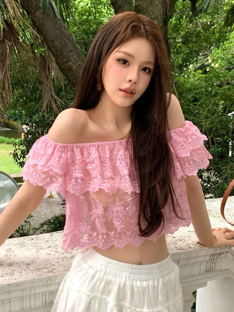 Solid Color Fitted Short Off-Shoulder Sexy Vacation Summer Women's Blouse