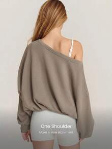 GLOWMODE SoftCalm Modal Own Your Flow Soft Silky-Smooth Breathable Waist Length Adjustable Drawstring Hem One-Shoulder Pullover Sweatshirt Daily Casual Wear - Khaki - View 4