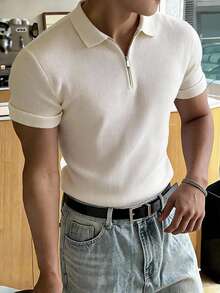 DAZY Men's Solid Color Polo Neck Knit Top, Summer - White - View 3