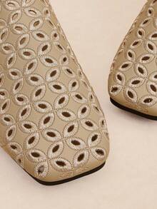 Rosivie Zapatos planos para mujer de moda nueva con tejido calado, punta cerrada cuadrada, sin cordones y suela dorada - Oro 1 - Ver 8