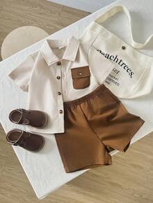 Playful Pals Baby Boys Brown Colorblock Polyester Co-Ords Everyday Casual Short Sleeve Collared Shirt With Pocket And Regular Length Shorts Squishy Summer Outfits - Brown - View 7