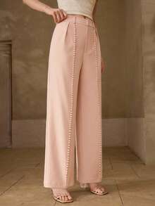 MOTF PREMIUM WOMEN'S FAUX PEARL DECORATED WIDE LEG PANTS WEDDING BRUNCH TEA PARTY PINK SUMMER ROMANTIC ELEGANT - White - View 6