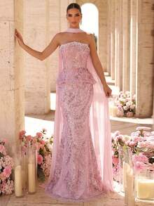 Glamrae Elegant Luxurious 3D Floral Beaded Sequin Lace Sexy Strapless Mermaid Gown For Wedding Events, Bachelorette Parties, Vacations, Holiday Evening Parties (Heavy Embellishment Style) - Pink - View 1