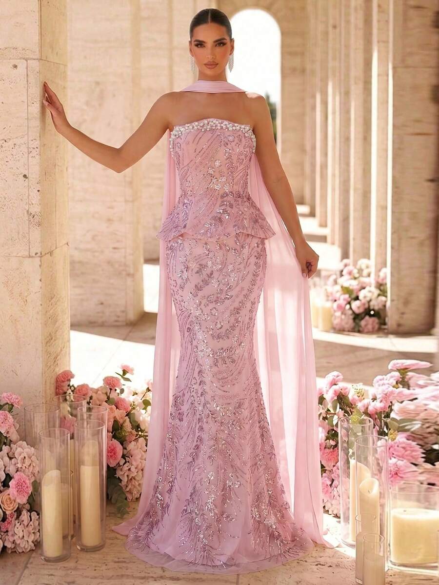 Glamrae Elegant Luxurious 3D Floral Beaded Sequin Lace Sexy Strapless Mermaid Gown For Wedding Events, Bachelorette Parties, Vacations, Holiday Evening Parties (Heavy Embellishment Style) - Pink - View 1