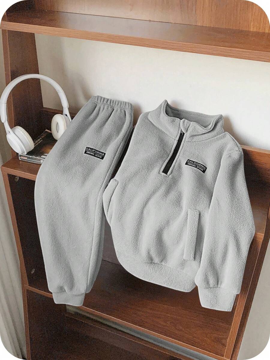 SHEIN 2件裝小男孩休閒簡約兩件套,適合秋冬,刷毛加厚 - 淺灰色 - 查看 1