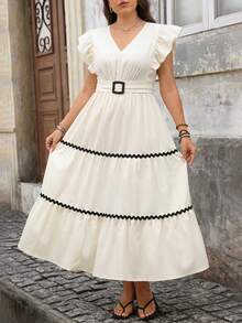 Lacomfia Plus Size Women's V-Neck Pleated Casual Boho Party Beach Dress Black And White Summer - Beige - View 5