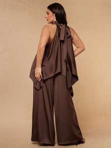 SHEIN BAE CURVE Plus Size Women's Brown  Satin 2-Piece Set,Summer  Top&Wide Leg Pants Suit,Party Wedding Guest Attire,Old Money French Style Outfits,Independence Day - Brown - View 8