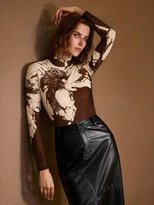 MOTF PREMIUM WOMEN'S SPRING/AUTUMN ELEGANT VINTAGE BOHEMIAN STAND COLLAR LONG SLEEVE FLORAL PRINT SLIM FIT T-SHIRT DAY PARTY EVERYDAY BEIGE - Brown - View 5