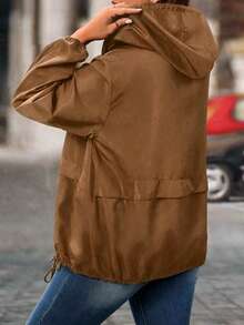 EMERY ROSE Plus Size Women's Solid Color Long Sleeve Zipper Front Casual Hooded Jacket Fall - Coffee Brown - View 2